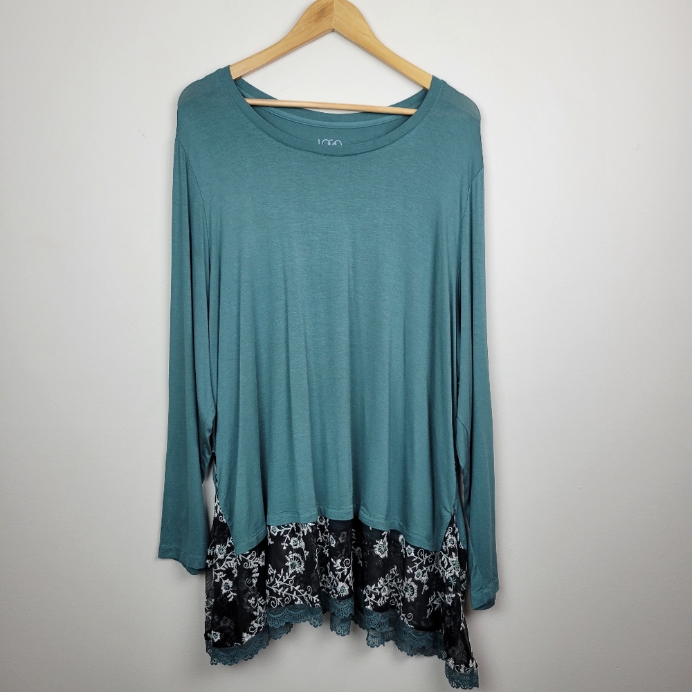 LOGO Lori Goldstein Lace Hem Tunic Top 3X Green Floral Long Sleeve Slub Knit